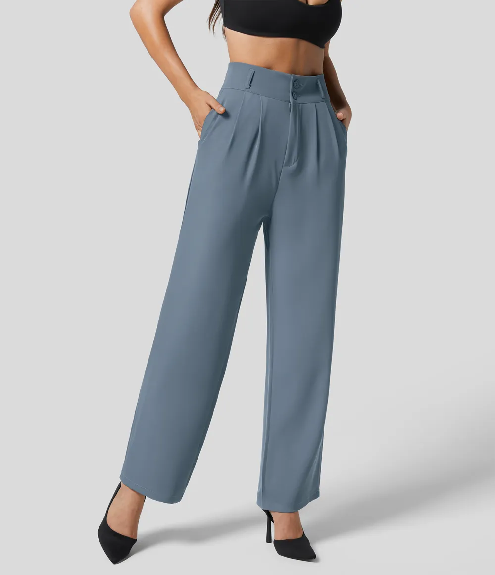 High Waisted Button Zipper Plicated Side Pocket Shirred Straight Leg Work Pants