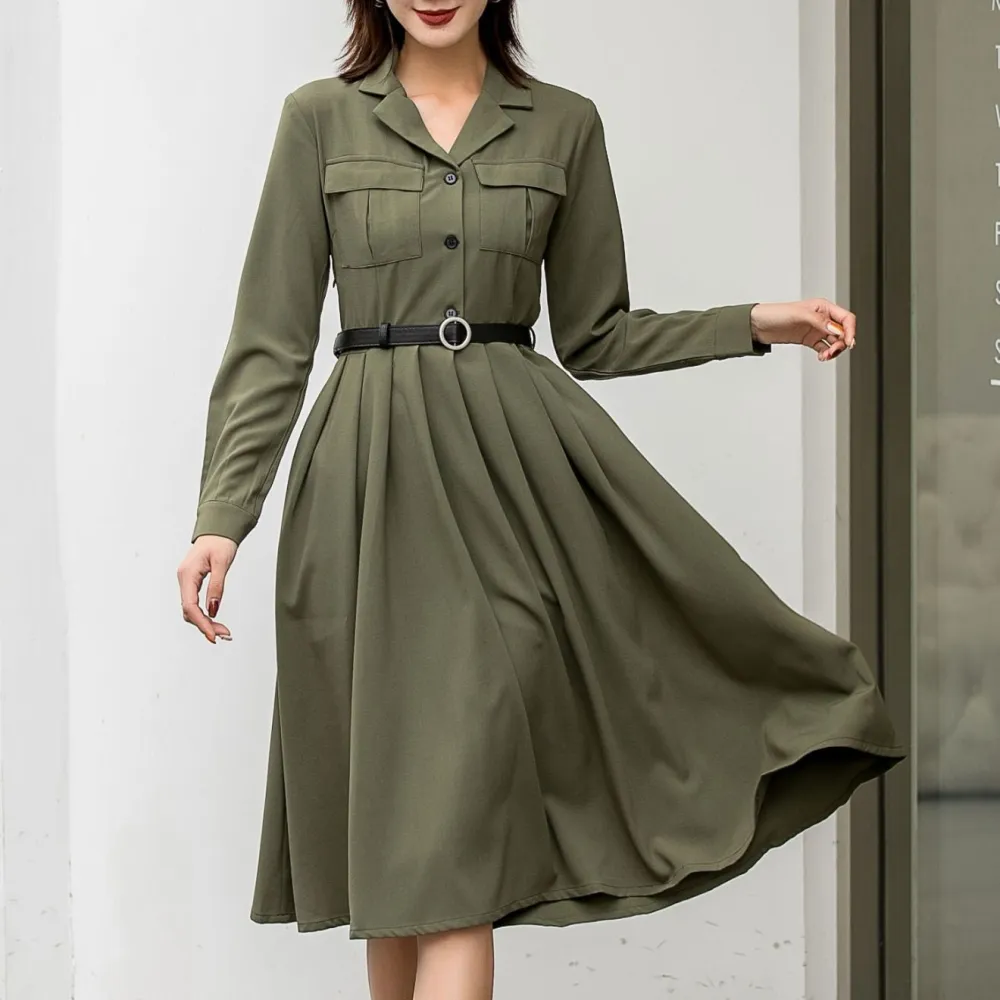 Refined Polyester Shirt Pleated Long Sleeve Midi Dress