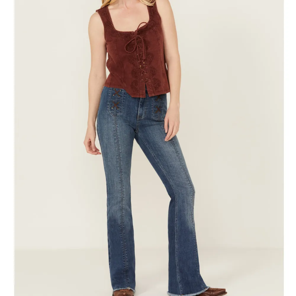 Classic High Rise Bootcut Stretch Denim Lace Up Jeans