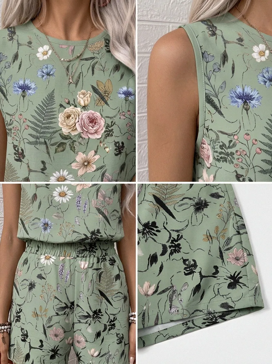 Women's Botanical Garden Floral Printed Sleeveless Shorts Set