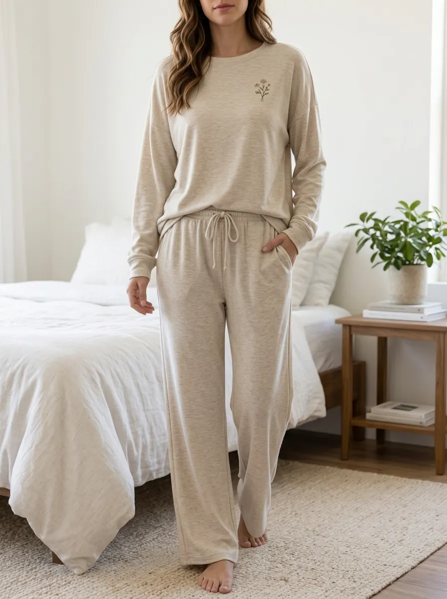 Women's Minimalist Floral Embroidered Printed Lounge Set