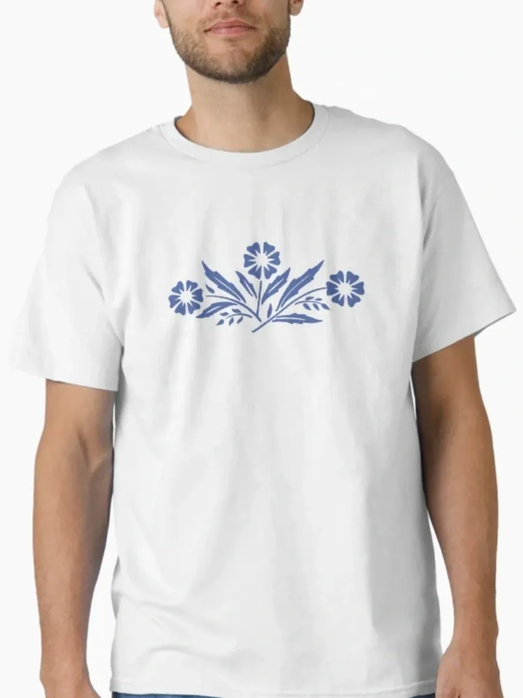 Women's simple blue floral pattern printed round-neck short-sleeved T-shirt