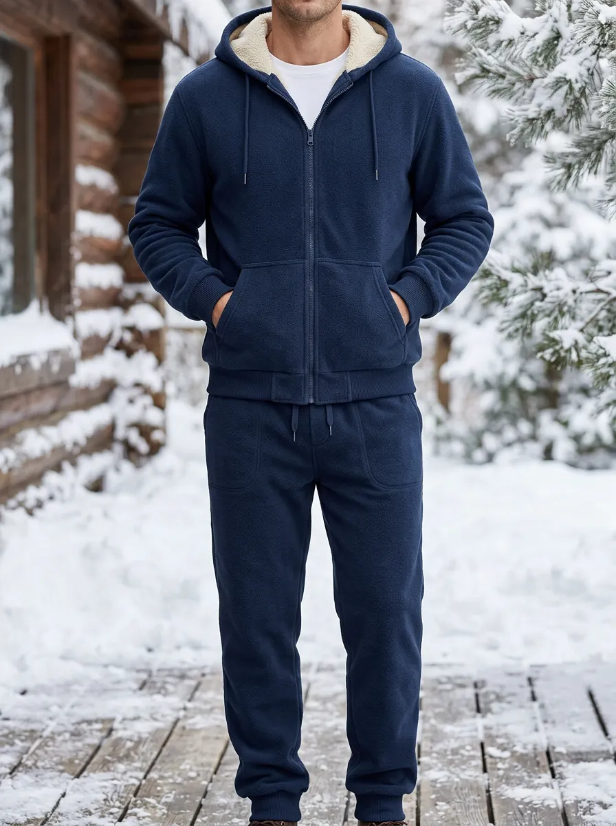 Men's Winter Fleece-Lined Zip-Up Hoodie and Jogger Set with Elastic Waist and Tapered Legs