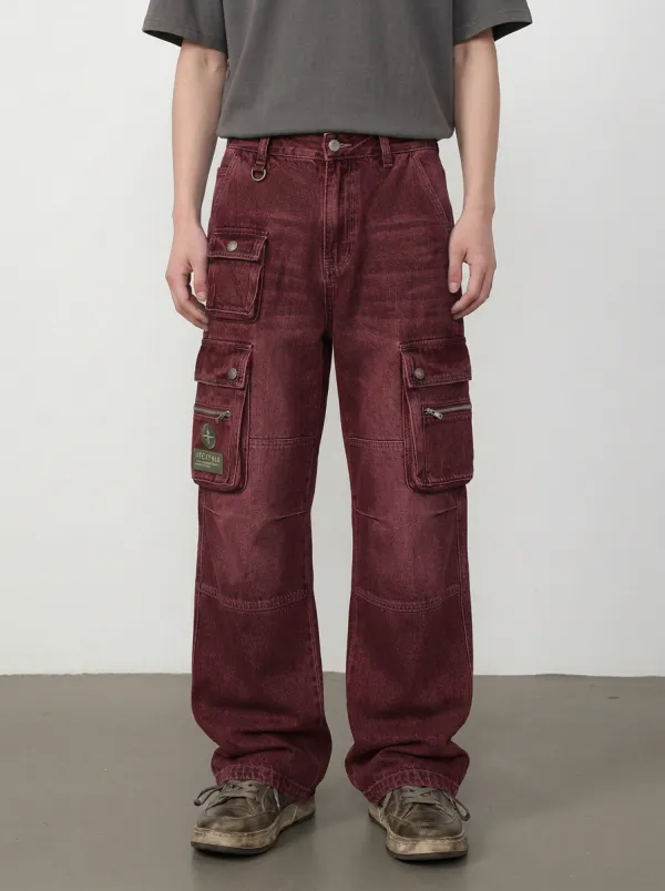 Men's Streetwear Vintage Wash Multi-Pocket Printed Cargo Jeans