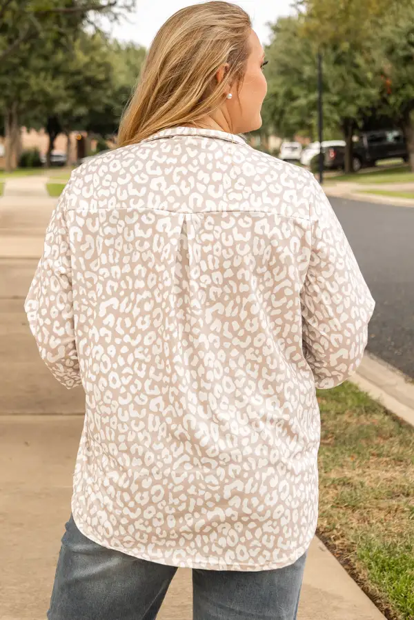 Women's Leopard Print V Neck Tab Sleeve Top