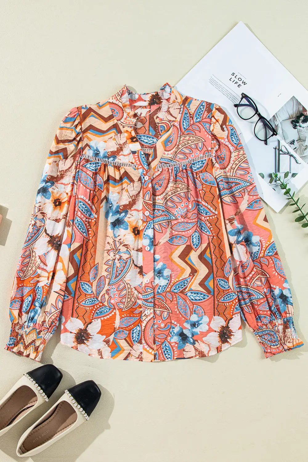 Floral Shirred Relaxed Fit Shirt Blouse