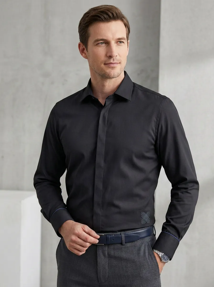 Men's Non-Iron Cotton Geometric Embroidered Long Sleeve Shirt