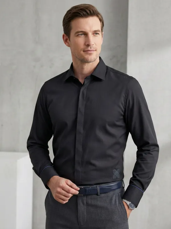 Men's Non-Iron Cotton Geometric Embroidered Long Sleeve Shirt
