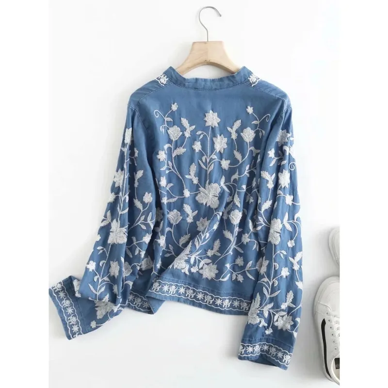 Floral Embroidered Button-Up Denim Shirt