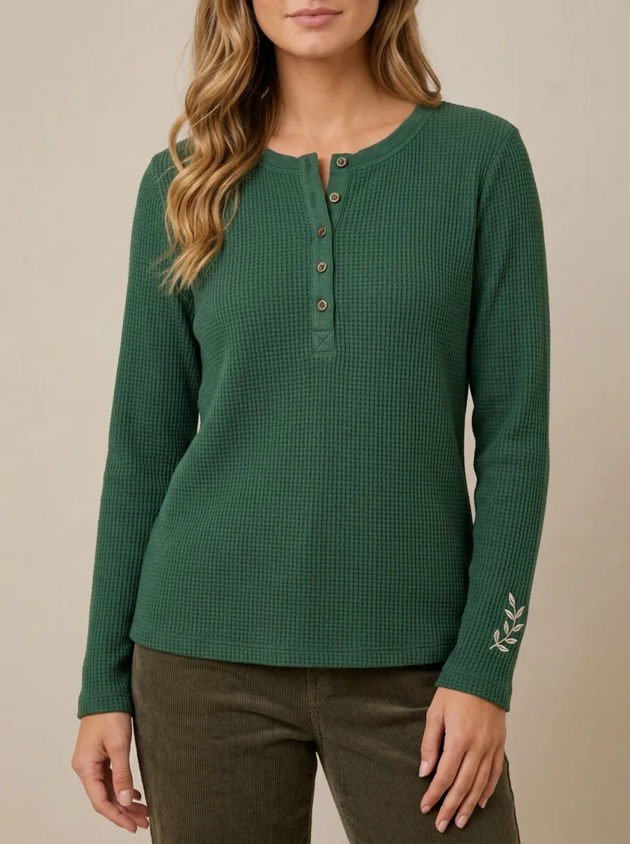 Textured Casual Waffle Knit Leaf Embroidered Henley Top