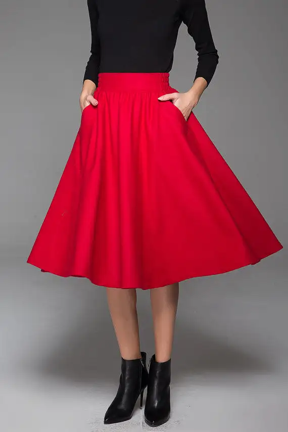 Wool Blend Elastic Waist Midi Skirt
