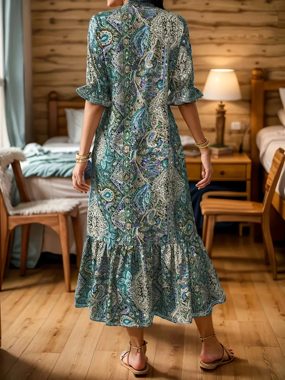 Plus Size Bohemian Paisley Printed Ruffle Hem Midi Dress