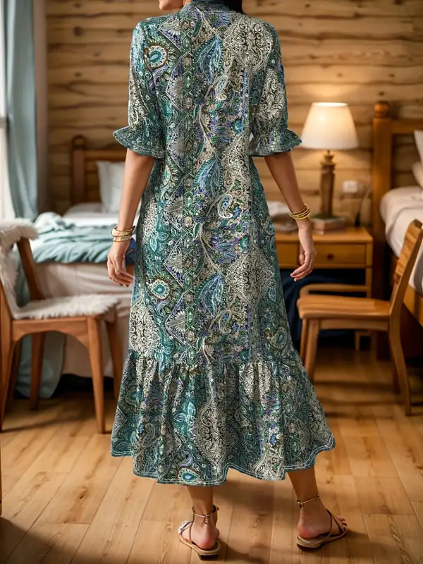 Plus Size Bohemian Paisley Printed Ruffle Hem Midi Dress