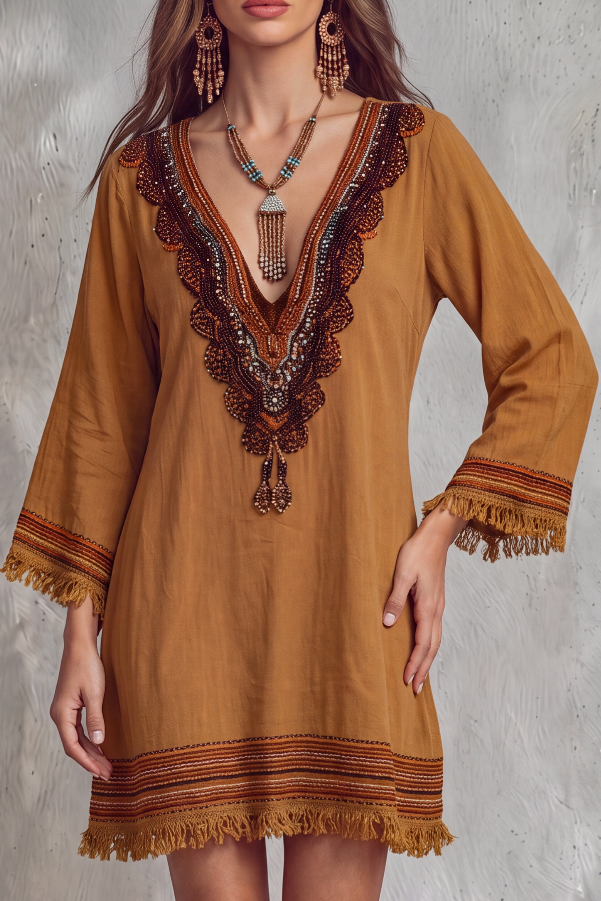 Plunge Neck Fringe Mini Dress