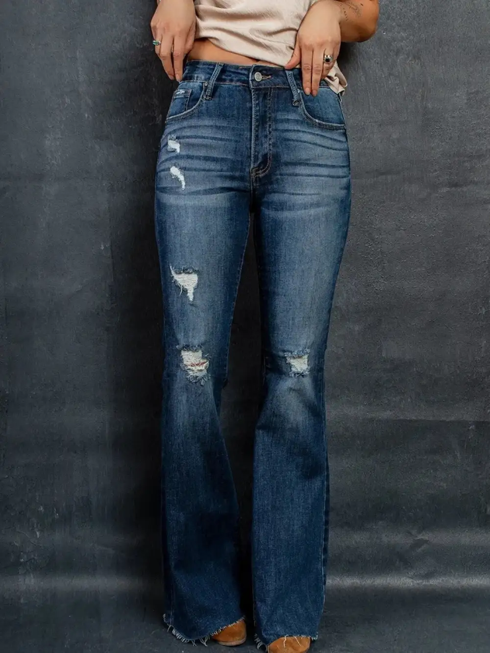 Modern High Waist Flare Leg Distressed Denim Jeans