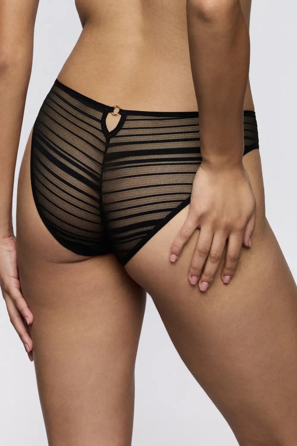 Women's Elastic Waistband Cotton Gusset Sheer Detail Cotton Striped Ring Detail Cutout Detail Lightweight Stretch Fit Bikini Panty