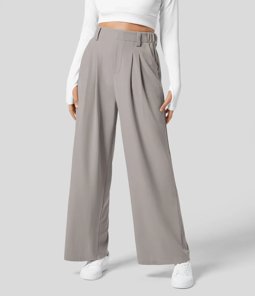 2026🔥  High Waisted Plicated Side Pocket Wide Leg Waffle Work Pants