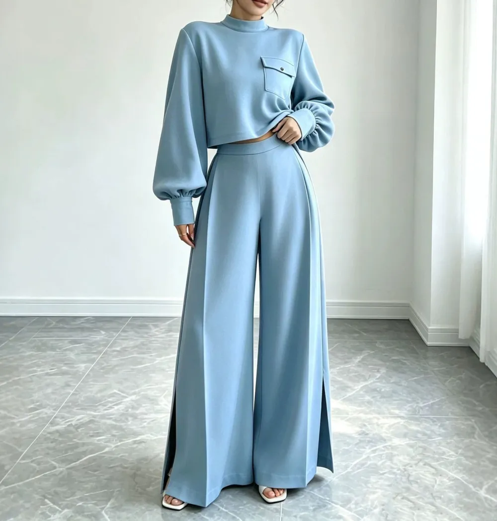 Wide-Leg Long-Sleeve Knit Women's Matching Set