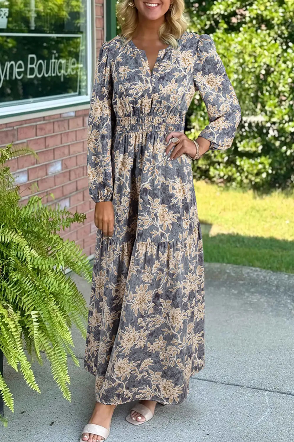 Sky Floral Print Smocked High Waist Long Sleeve Maxi