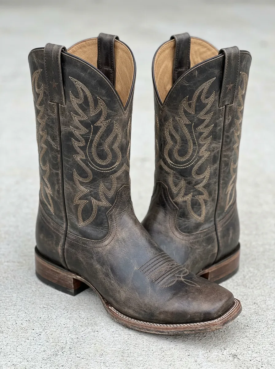 Rodeo-Inspired Embroidered Distressed Leather-Look Frontier Look Men's Western Cowboy Boots