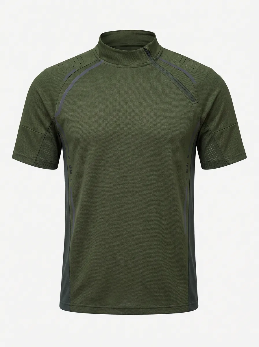 Men's Tactical Sport Olive Green Mock Neck Printed T-shirt