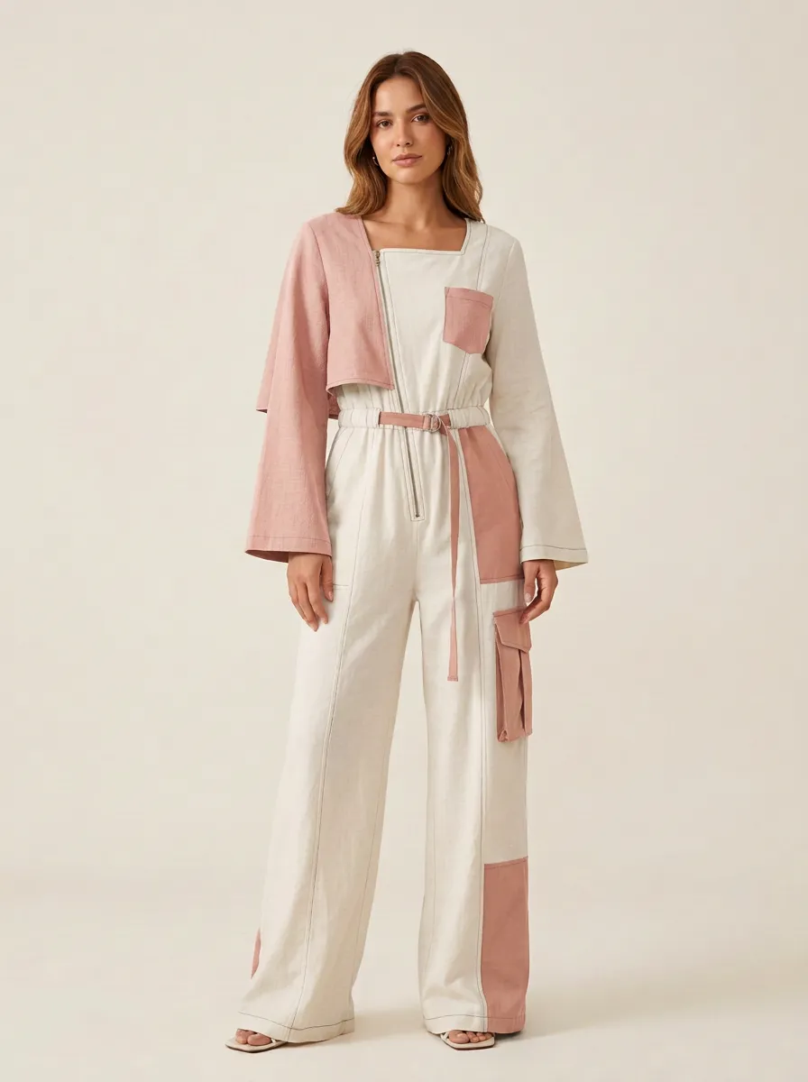 Women's Casual Sage Green Patchwork Colorblock Cargo Jumpsuit
