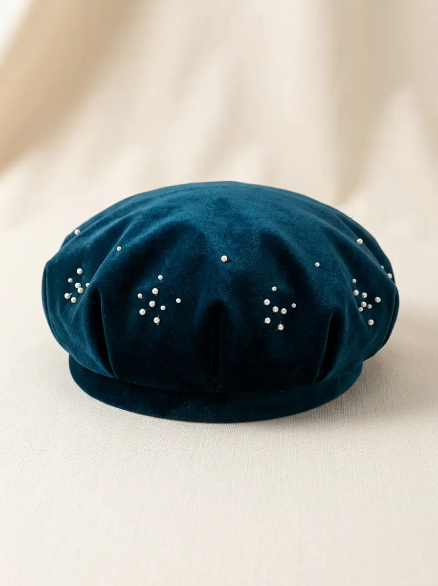 Unisex Teal Velvet Faux Pearl Embellished Beret