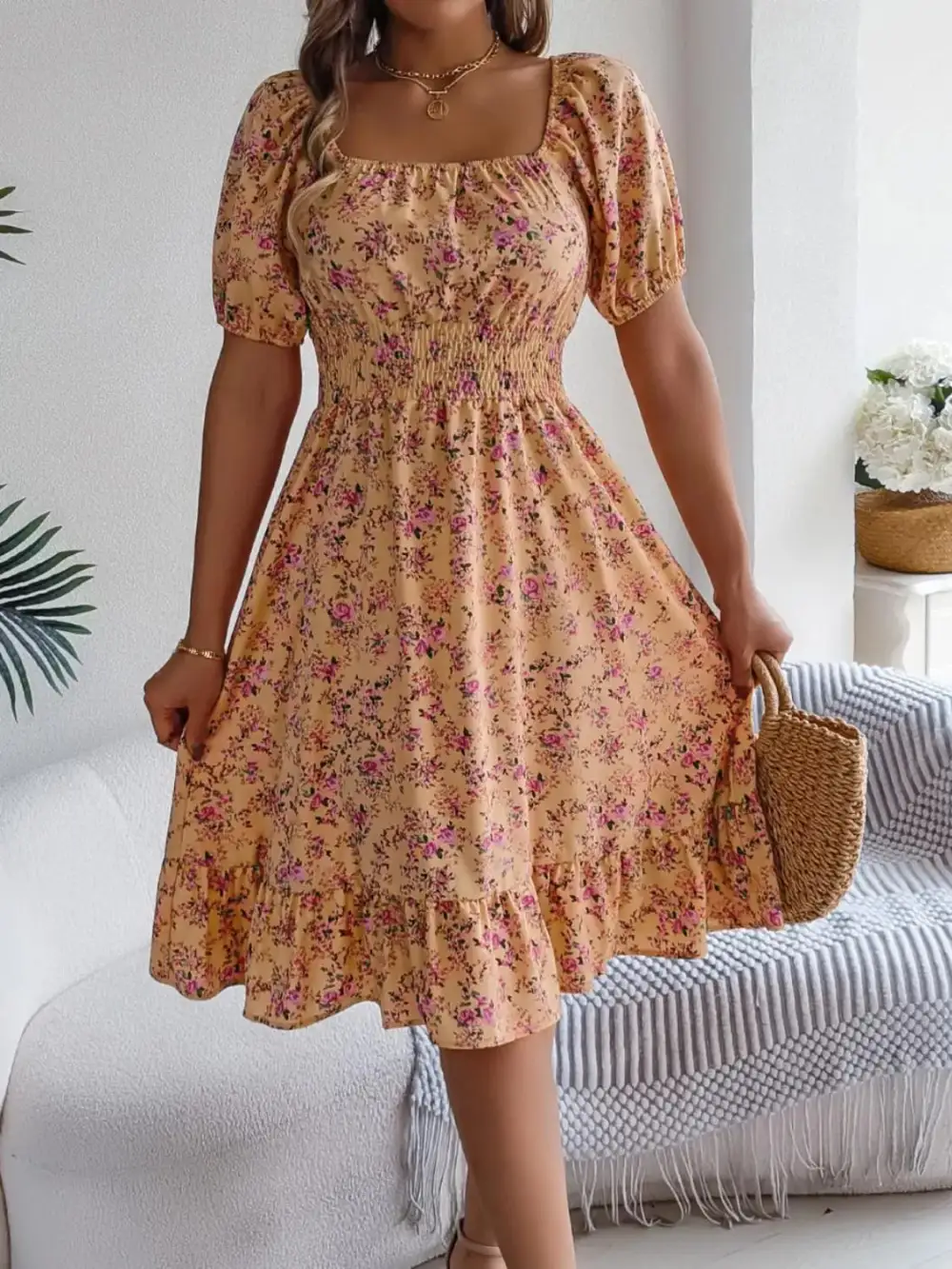 Ruffle Trim Floral Dress
