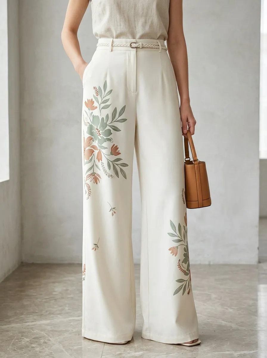 Women's Off-White Floral Print Slant Pocket High-Waisted Wide-Leg Trousers