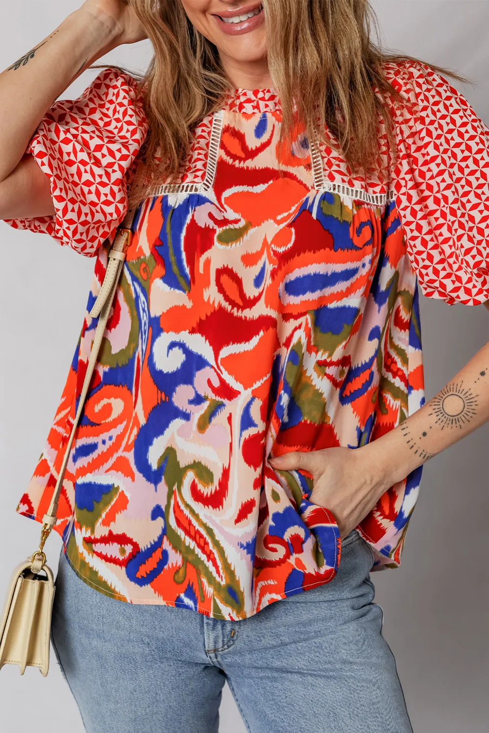 Red Paisley Geometric Mixed Print Blouse