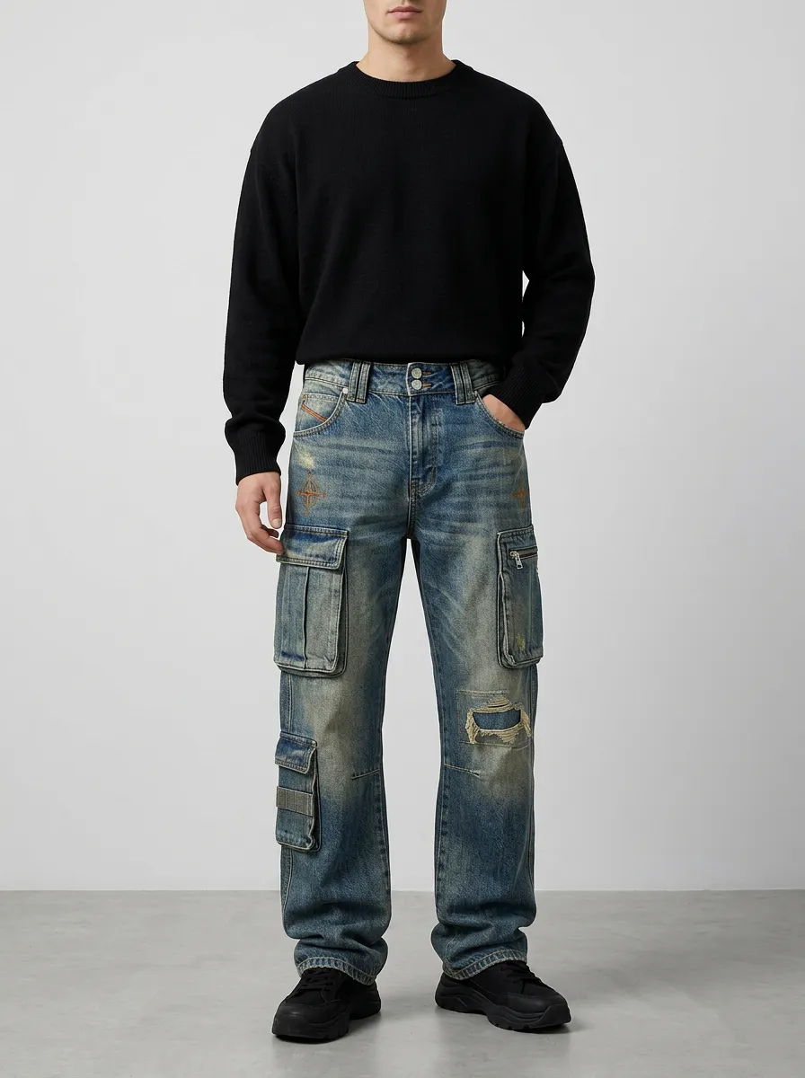 Men's Vintage Distressed Star Embroidered Cargo Jeans
