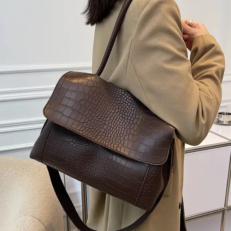 Chic Espresso Croc Embossed Shoulder Bag