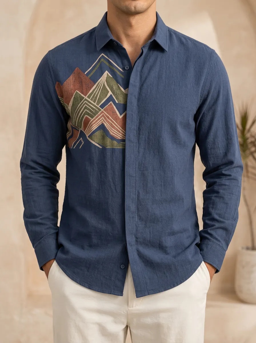 Men's Mountain Art Print Long Sleeve Shirt
