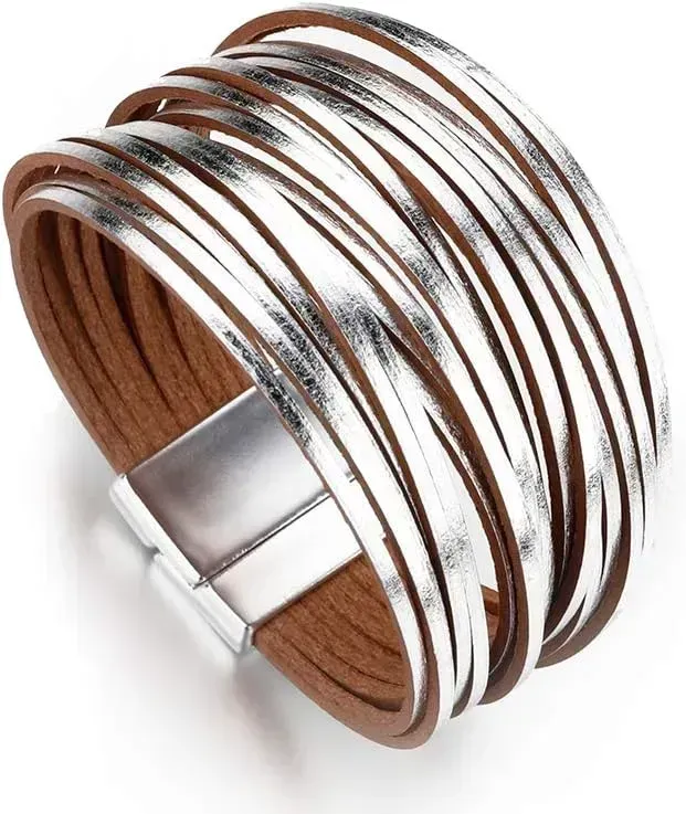 Fesciory Leather Wrap Bracelets for Women, Boho Leopard Multi-Layer Crystal Beads Cuff Bracelet Jewelry
