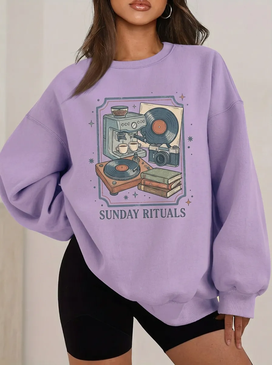 Women's Sunday Rituals Coffee Vinyl Camera Books Printed Sweatshirt