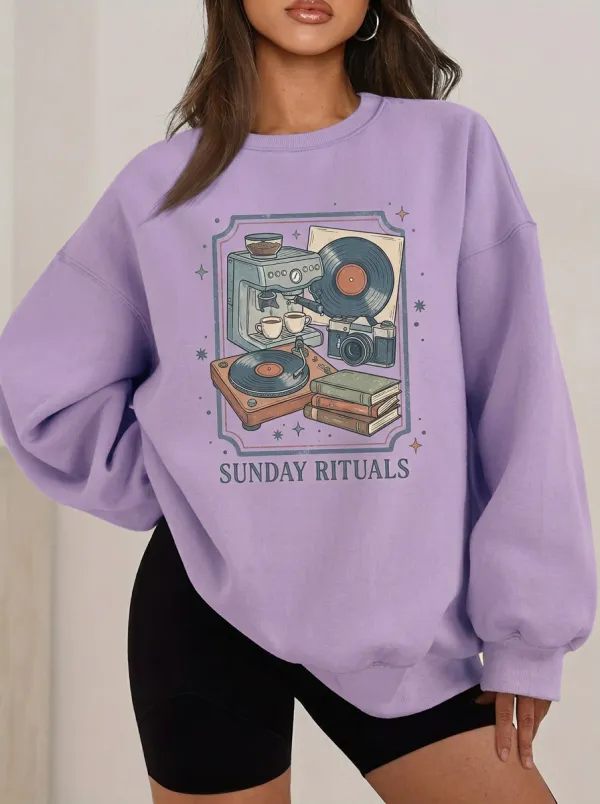 Women's Sunday Rituals Coffee Vinyl Camera Books Printed Sweatshirt