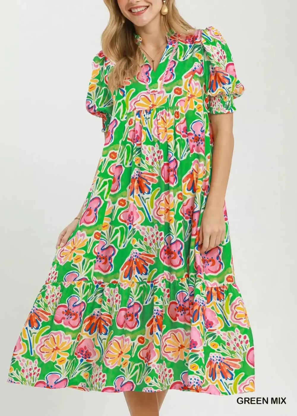 Floral Print Puff Sleeve Tiered Pocketed Midi Dress
