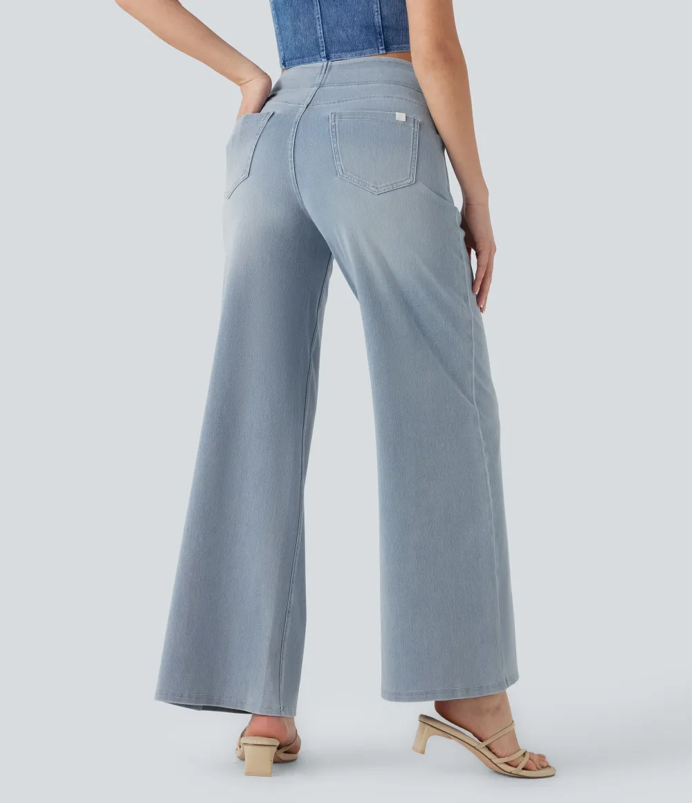 2026🔥  High Waisted Multiple Pockets Baggy Wide Leg Washed Stretchy Knit Casual Jeans