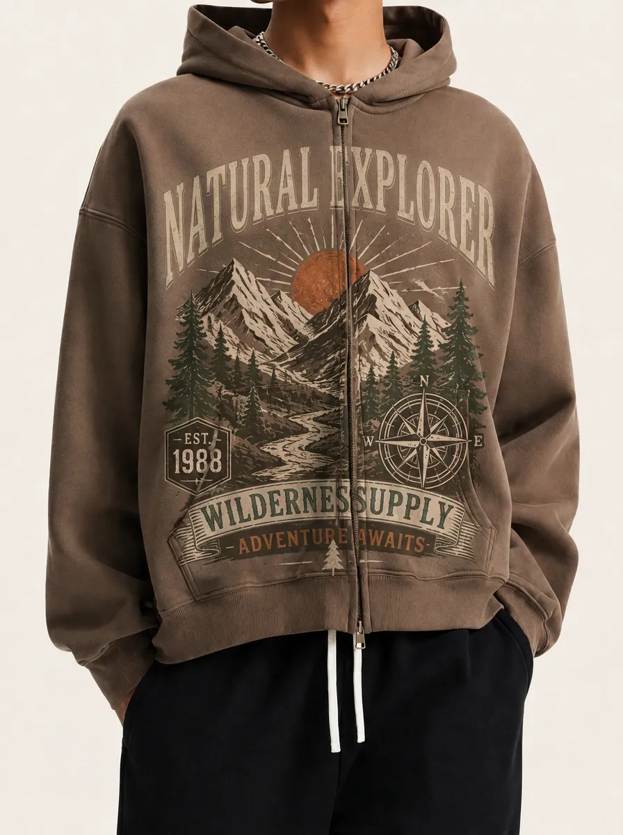 Men's Natural Explorer Mountain Compass Printed Zip-up Hoodie