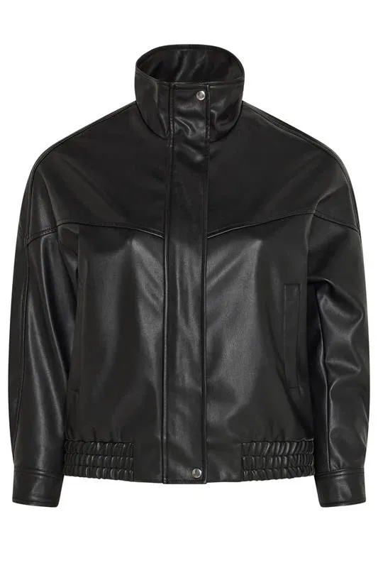 Black Faux Leather Funnel Neck Jacket