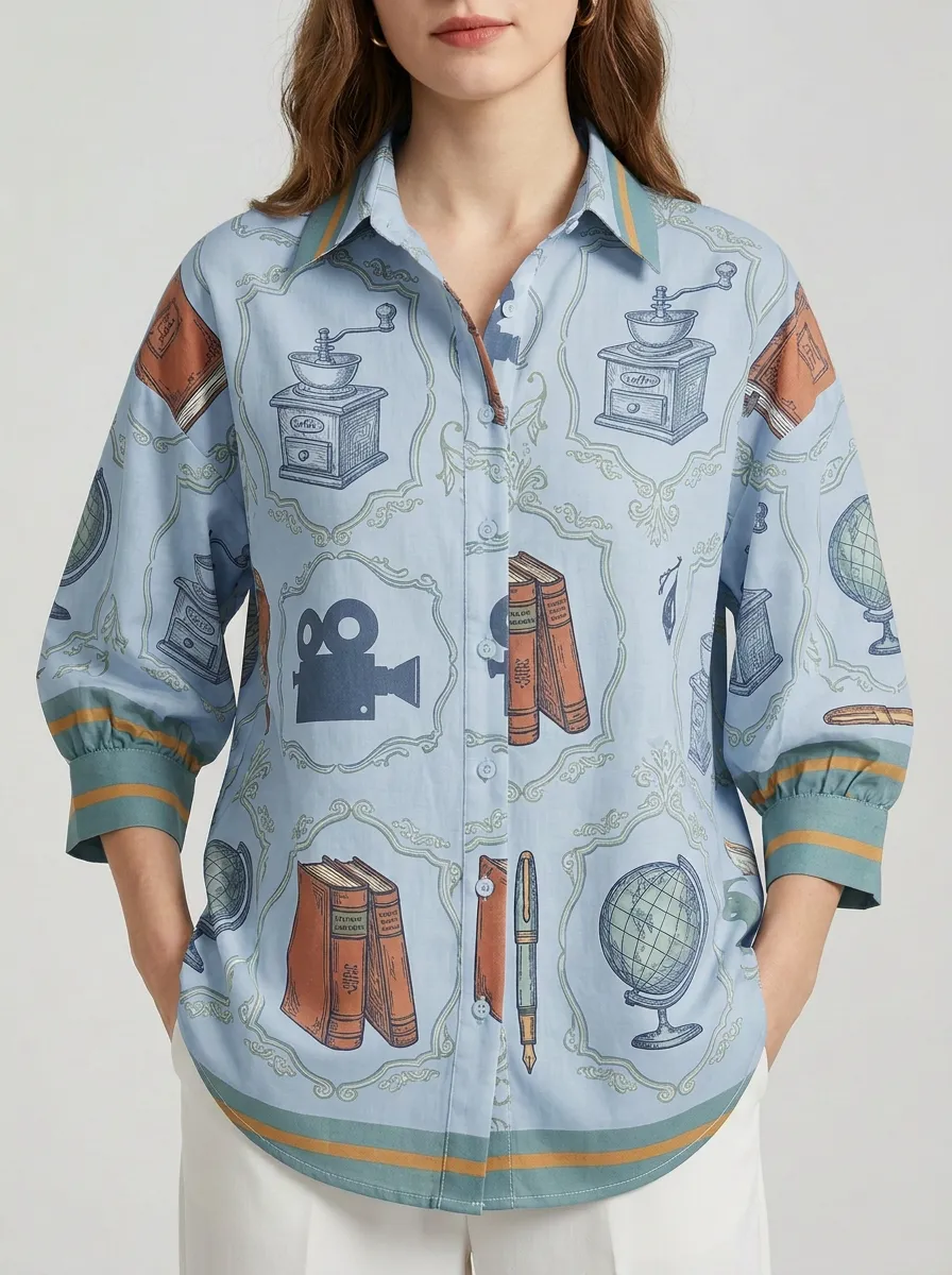 Women's Vintage Librarian Book Coffee Globe Printed Shirt
