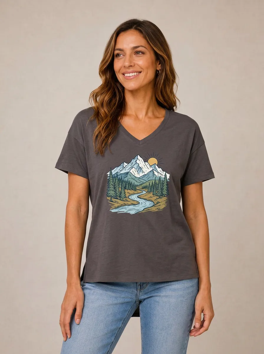 Women's Mountain River Forest Relaxed Graphic V-Neck T-Shirt