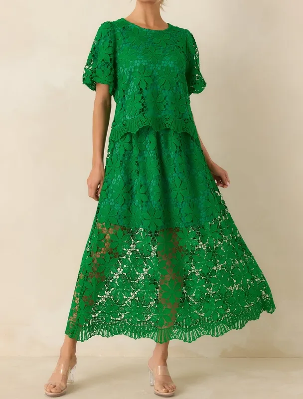 Green Floral Lace Maxi Skirt