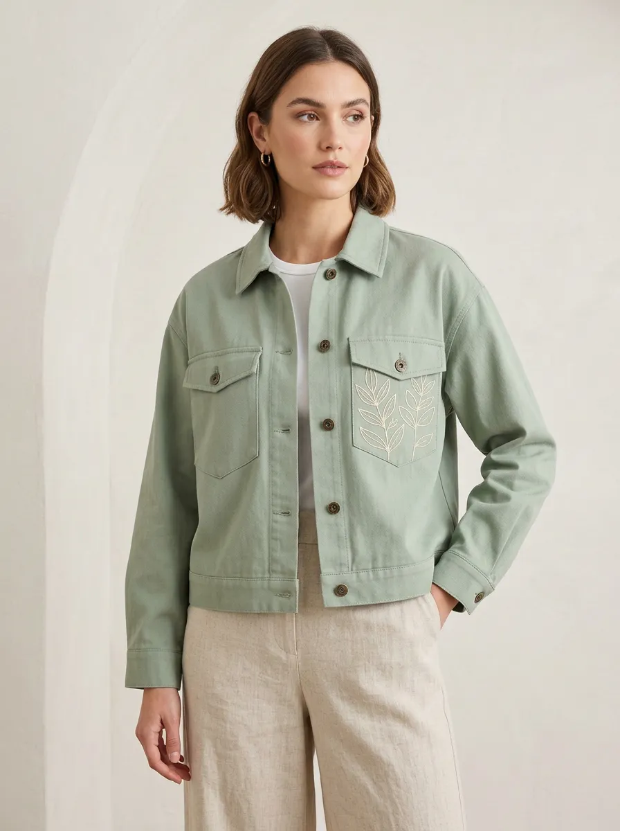 Women's Sage Green Botanical Leaf Embroidered Printed Jacket