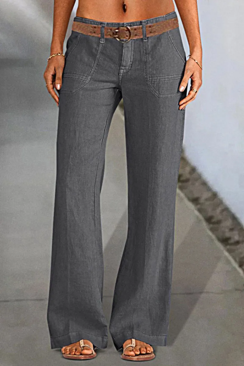 Solid Slant Pocket Low Waist Flare Pants Without Belt