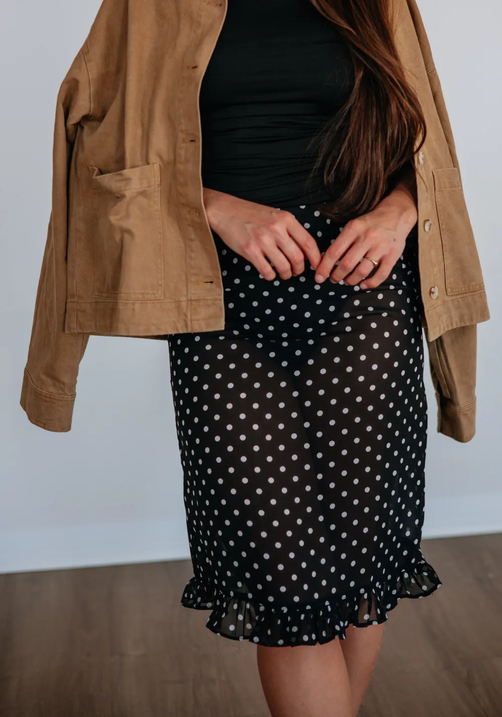 Polka Dot Ruffled Elastic Waist Midi Skirt