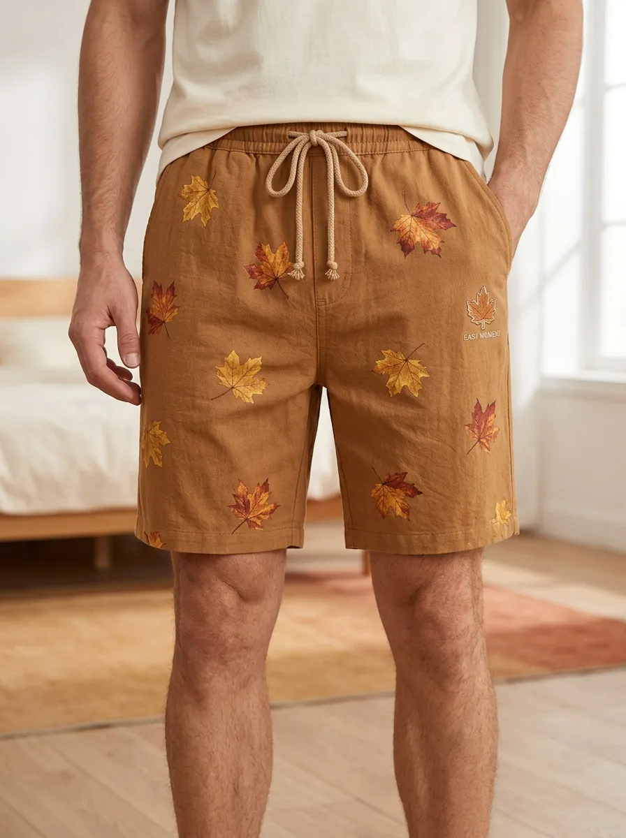Tan Maple Leaf Print Drawstring Shorts Shorts