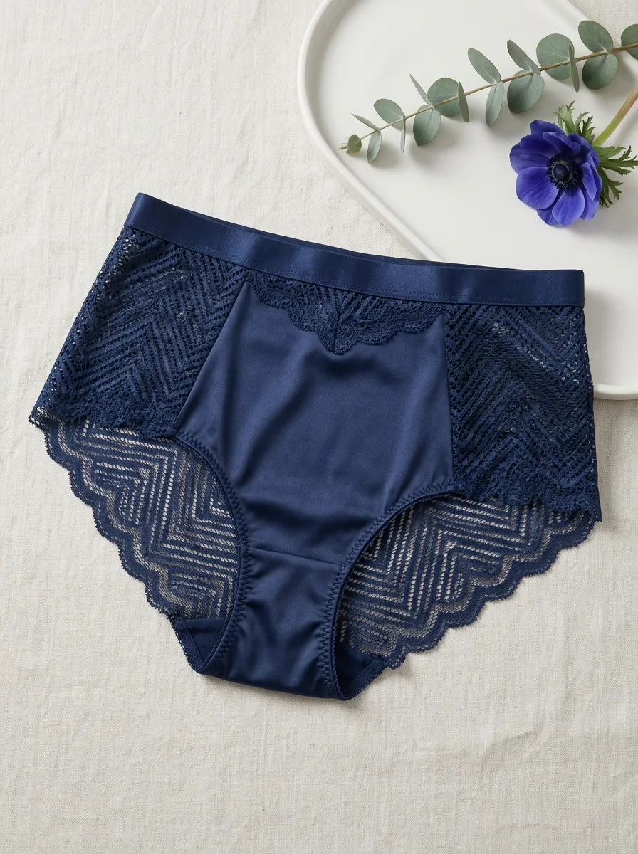 Women's Navy Blue Chevron Lace Trimmed Satin Panties