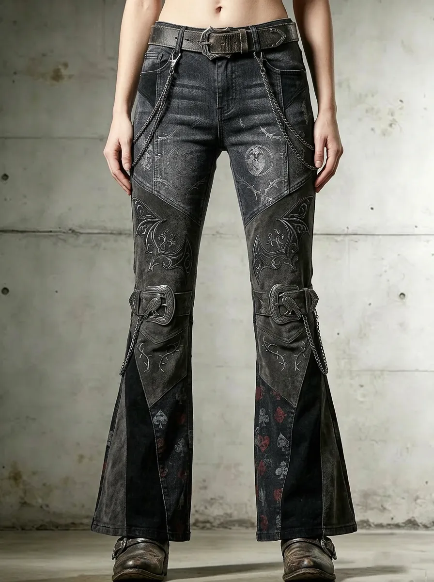Dark Bat Moon Playing Card Style Women's Gothic Flare Pants