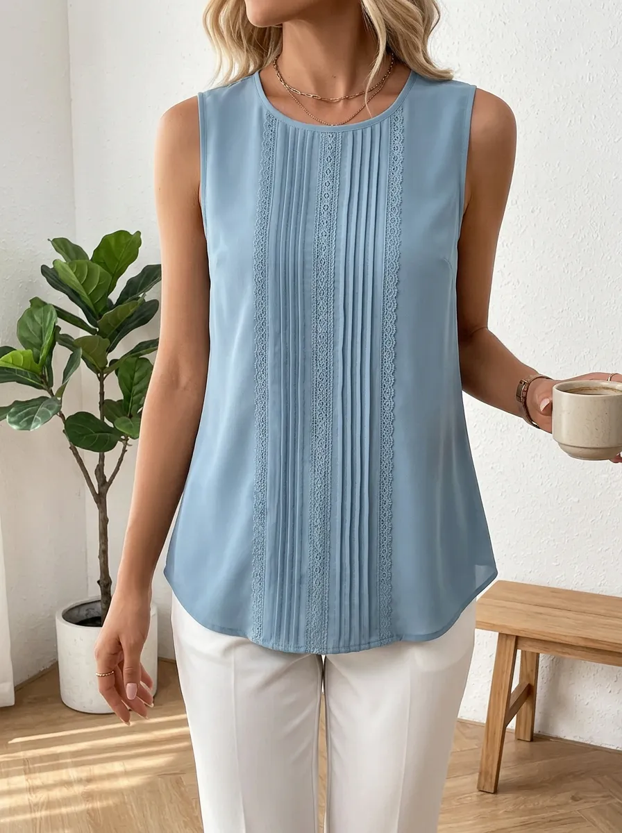 Pleated Lace Trim Sleeveless Blouse